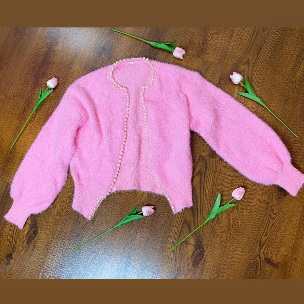 🎀🌷 Pink & White Pearl Trim Soft Fuzzy Open Cardigan Sweater 🌷🎀